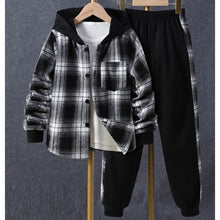 Laden Sie das Bild in den Galerie-Viewer, Toddler Kids Baby Boys 2Pcs Spring Autumn Outfits Long Sleeve Plaid Print Hooded Shirt Jacket and Pants Set 1-5T